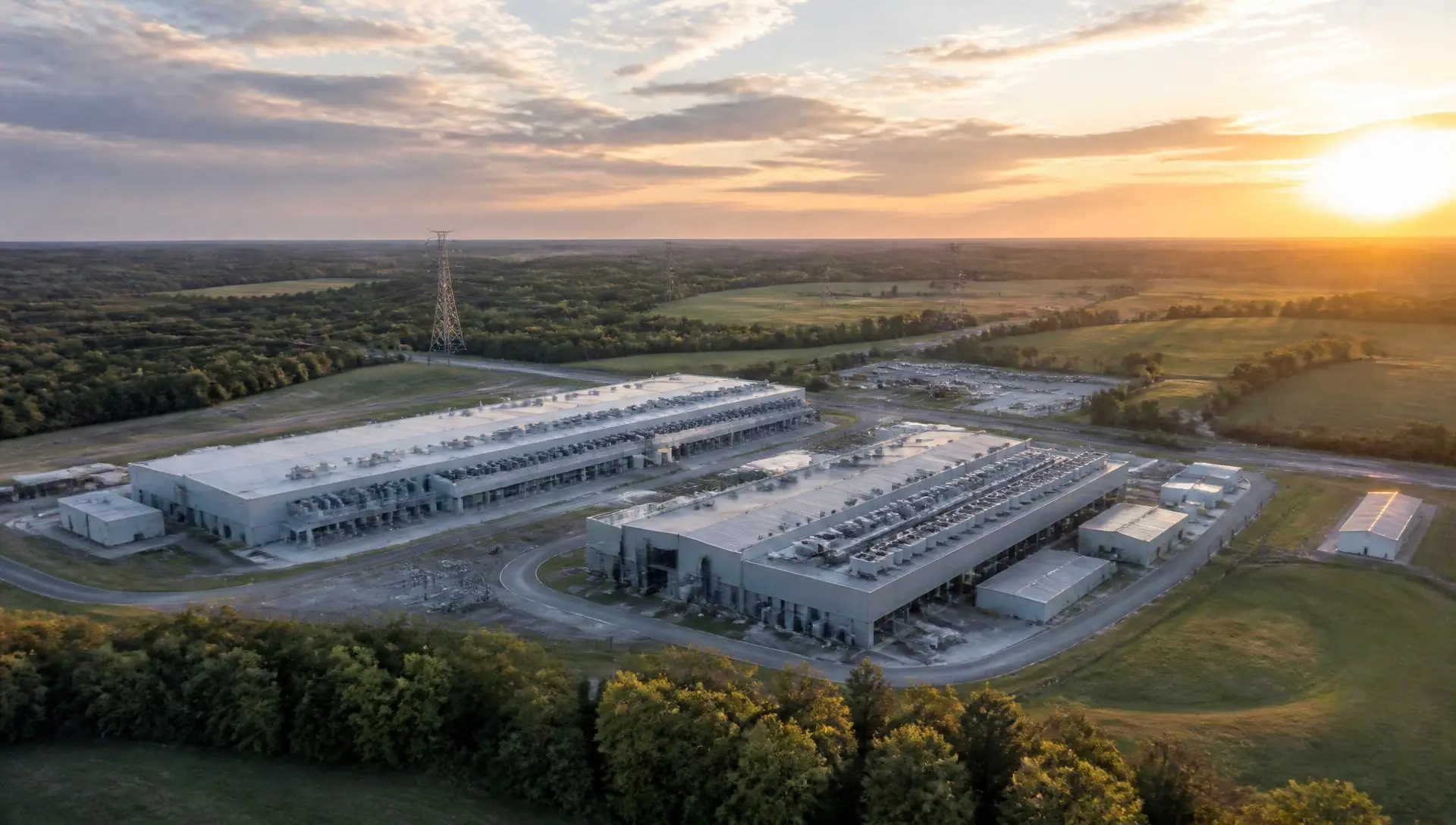 Aerial view of a modern data center campus beside Kentucky farmland and transmission lines